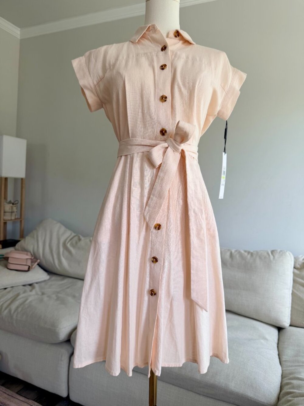 Calvin Klein Blush Shirt Dress Size 4 Button Front Tie Waist Midi Feminine